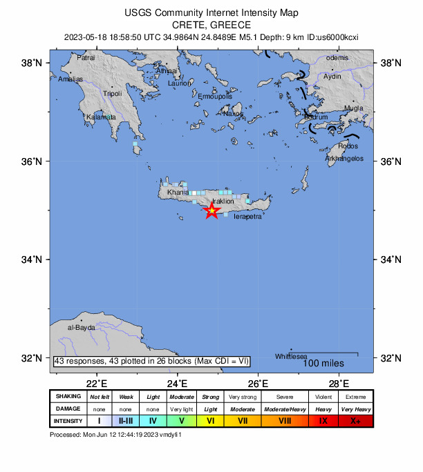 USGS DYFI community-reported intensity map for the M5.1 earthquake near 6 km SSW of Moíres, Greece