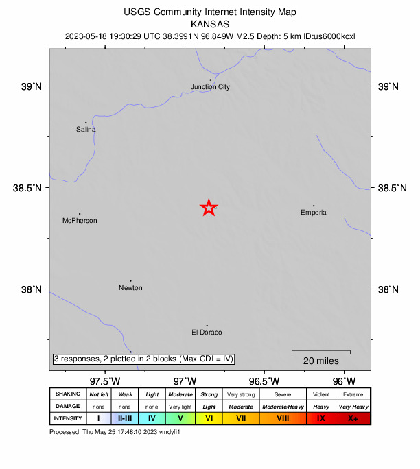 USGS DYFI community-reported intensity map for the M2.5 earthquake near 12 km SE of Lincolnville, Kansas
