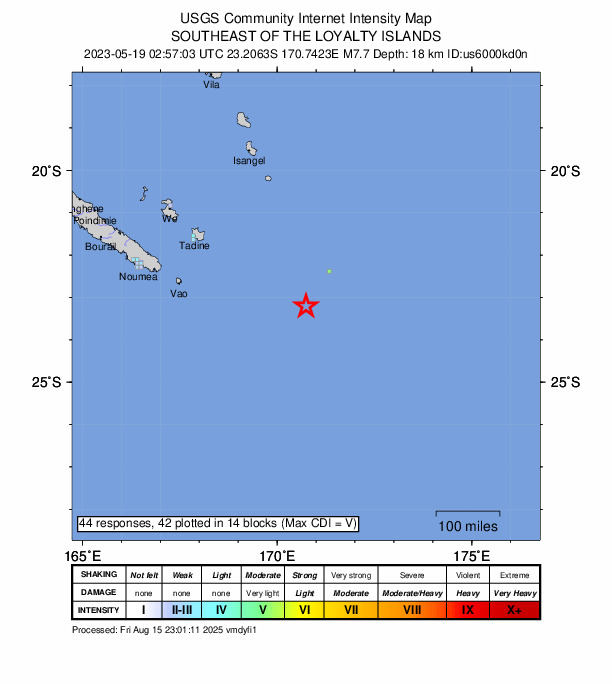 USGS DYFI community-reported intensity map for the M7.7 earthquake near southeast of the Loyalty Islands
