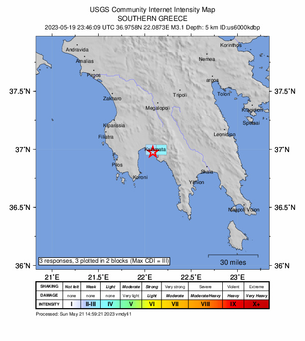 USGS DYFI community-reported intensity map for the M3.1 earthquake near 7 km WSW of Paralía Vérgas, Greece