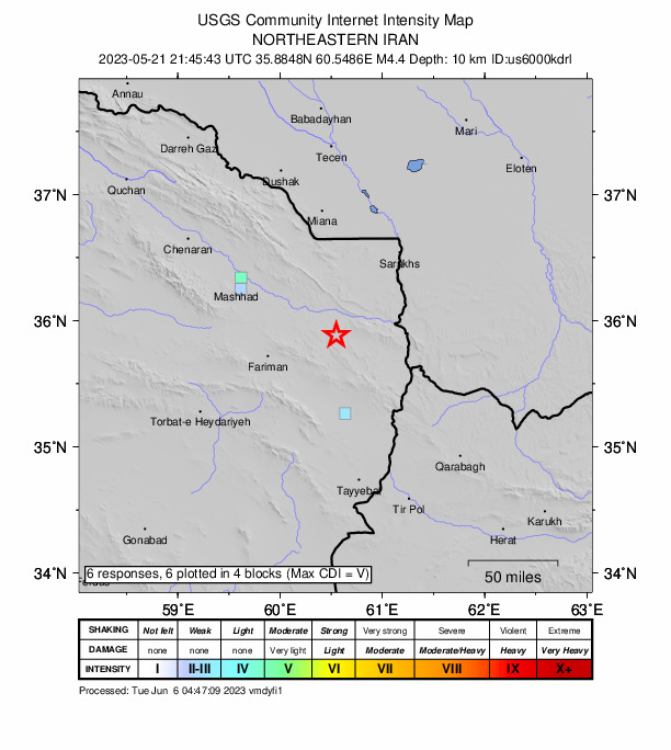 USGS DYFI community-reported intensity map for the M4.4 earthquake near 68 km N of Torbat-e Jām, Iran