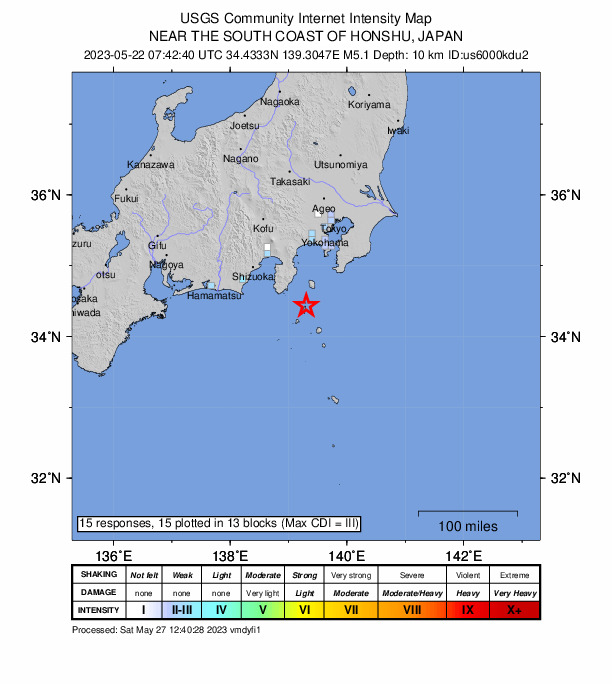 USGS DYFI community-reported intensity map for the M5.1 earthquake near 41 km SE of Shimoda, Japan