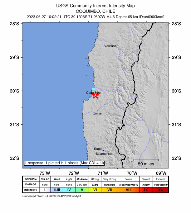 USGS DYFI community-reported intensity map for the M4.6 earthquake near 21 km SSE of Coquimbo, Chile