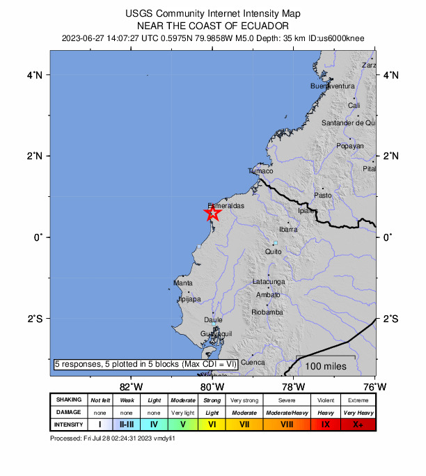 USGS DYFI community-reported intensity map for the M5.0 earthquake near 3 km ESE of Muisne, Ecuador