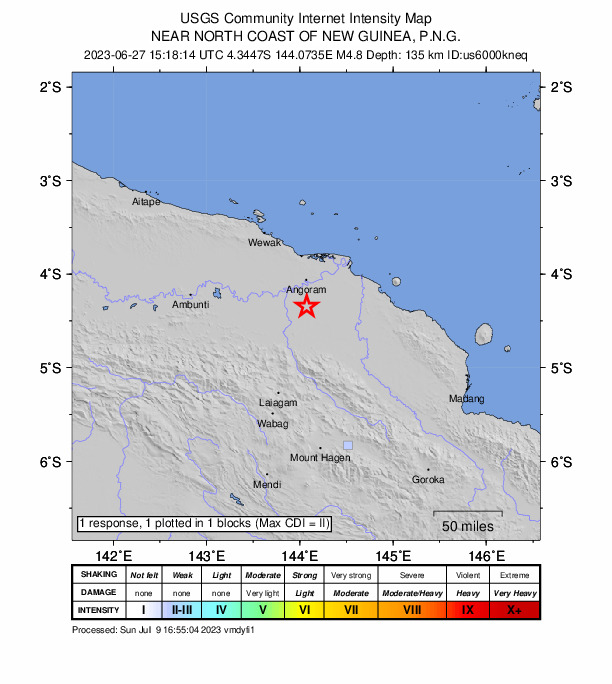 USGS DYFI community-reported intensity map for the M4.8 earthquake near 31 km S of Angoram, Papua New Guinea