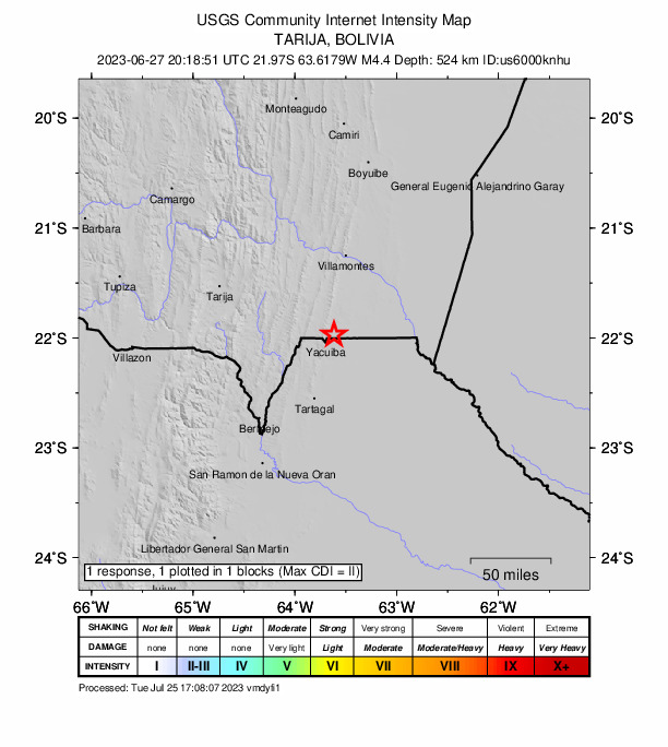 USGS DYFI community-reported intensity map for the M4.4 earthquake near 5 km NE of Yacuiba, Bolivia