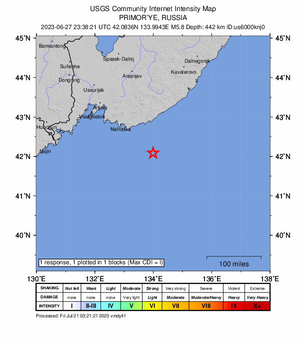 USGS DYFI community-reported intensity map for the M5.8 earthquake near Primor'ye, Russia