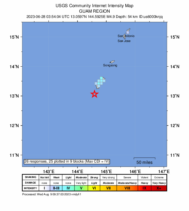 USGS DYFI community-reported intensity map for the M4.9 earthquake near Guam region