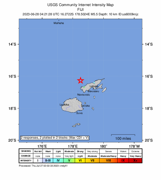 USGS DYFI community-reported intensity map for the M5.5 earthquake near 93 km W of Labasa, Fiji
