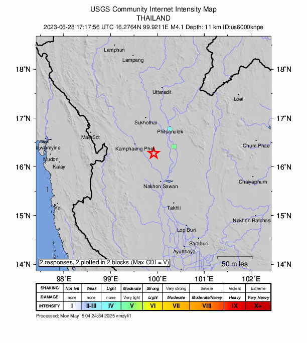 USGS DYFI community-reported intensity map for the M4.1 earthquake near 24 km NNE of Khanu Woralaksaburi, Thailand