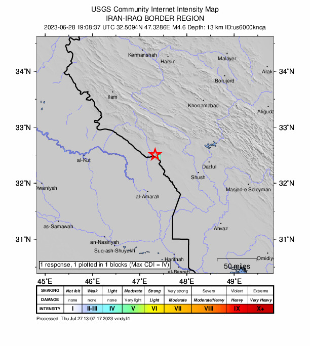 USGS DYFI community-reported intensity map for the M4.6 earthquake near Iran-Iraq border region