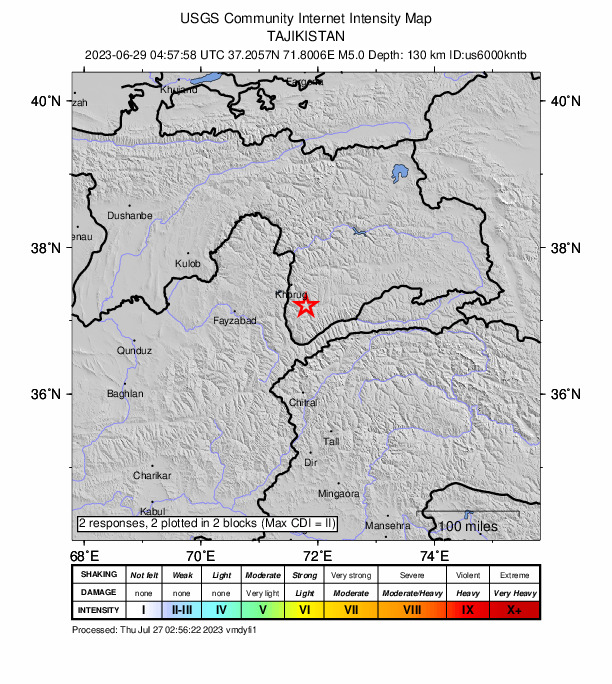 USGS DYFI community-reported intensity map for the M5.0 earthquake near 38 km SE of Khorugh, Tajikistan