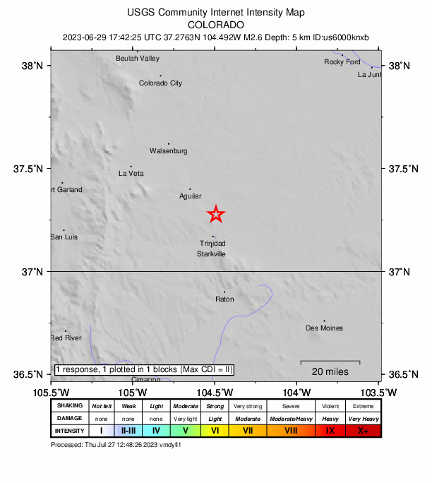 USGS DYFI community-reported intensity map for the M2.6 earthquake near 6 km NNW of El Moro, Colorado