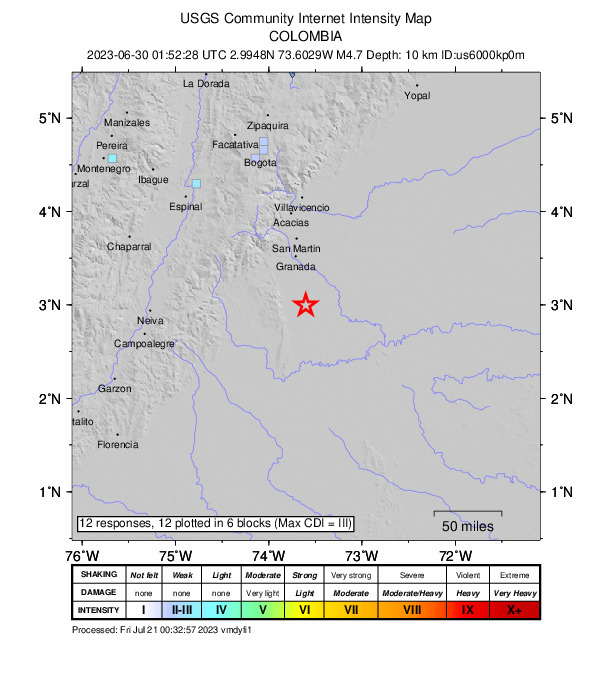 USGS DYFI community-reported intensity map for the M4.7 earthquake near 21 km SE of Vistahermosa, Colombia