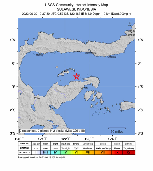 USGS DYFI community-reported intensity map for the M4.9 earthquake near 55 km NW of Luwuk, Indonesia
