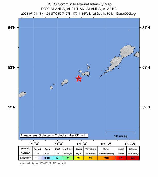 USGS DYFI community-reported intensity map for the M4.8 earthquake near 88 km WSW of Nikolski, Alaska