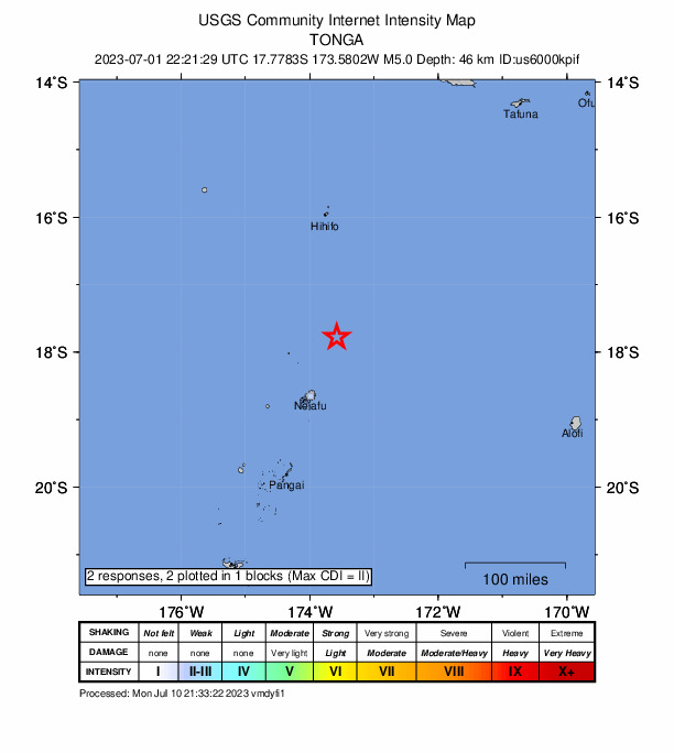 USGS DYFI community-reported intensity map for the M5.0 earthquake near 105 km NNE of Neiafu, Tonga