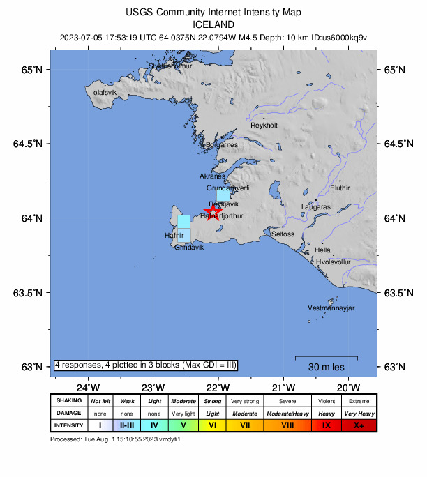 USGS DYFI community-reported intensity map for the M4.5 earthquake near 7 km SSW of Álftanes, Iceland