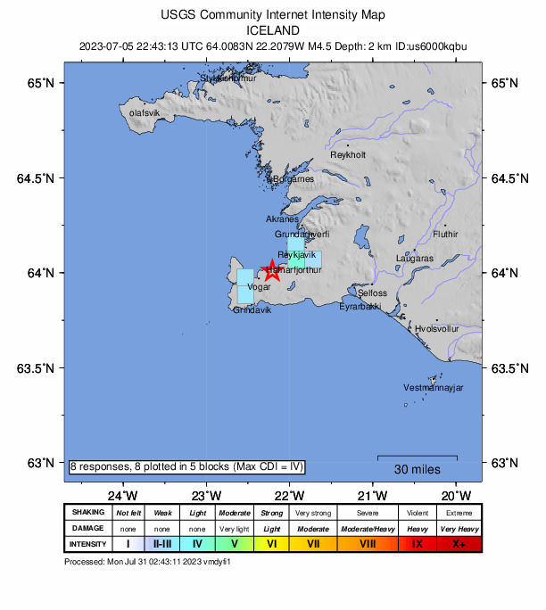 USGS DYFI community-reported intensity map for the M4.5 earthquake near 9 km ENE of Vogar, Iceland