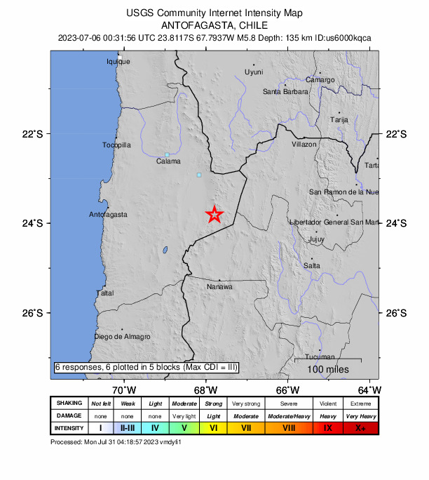 USGS DYFI community-reported intensity map for the M5.8 earthquake near 108 km SSE of San Pedro de Atacama, Chile
