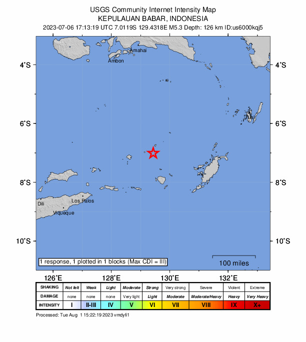 USGS DYFI community-reported intensity map for the M5.3 earthquake near Kepulauan Babar, Indonesia