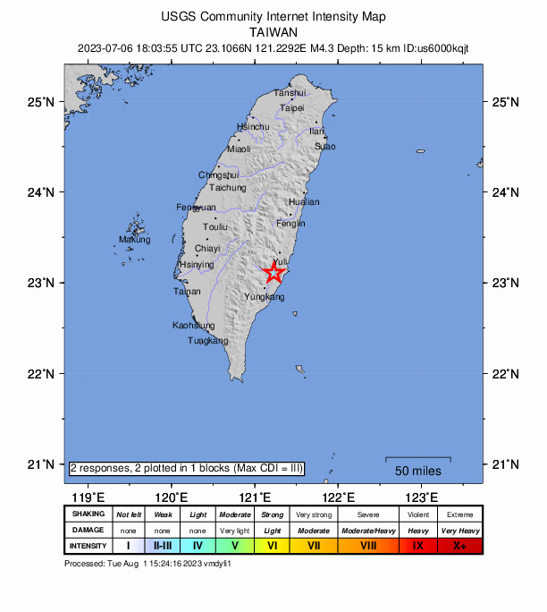 USGS DYFI community-reported intensity map for the M4.3 earthquake near 78 km E of Yujing, Taiwan