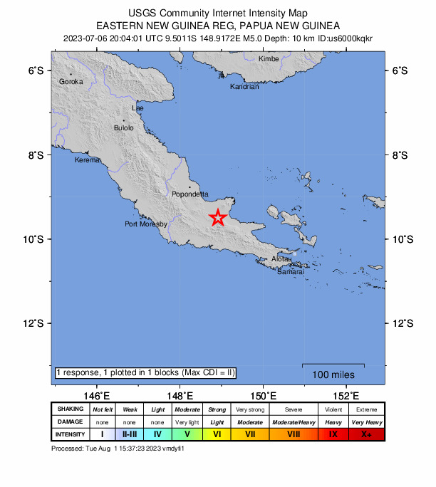 USGS DYFI community-reported intensity map for the M5.0 earthquake near 111 km SE of Popondetta, Papua New Guinea