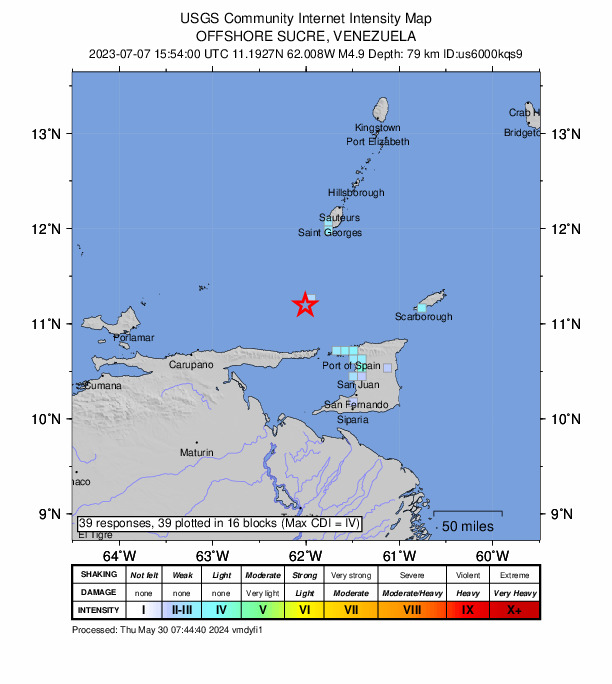 USGS DYFI community-reported intensity map for the M4.9 earthquake near 74 km NW of Petit Valley, Trinidad and Tobago