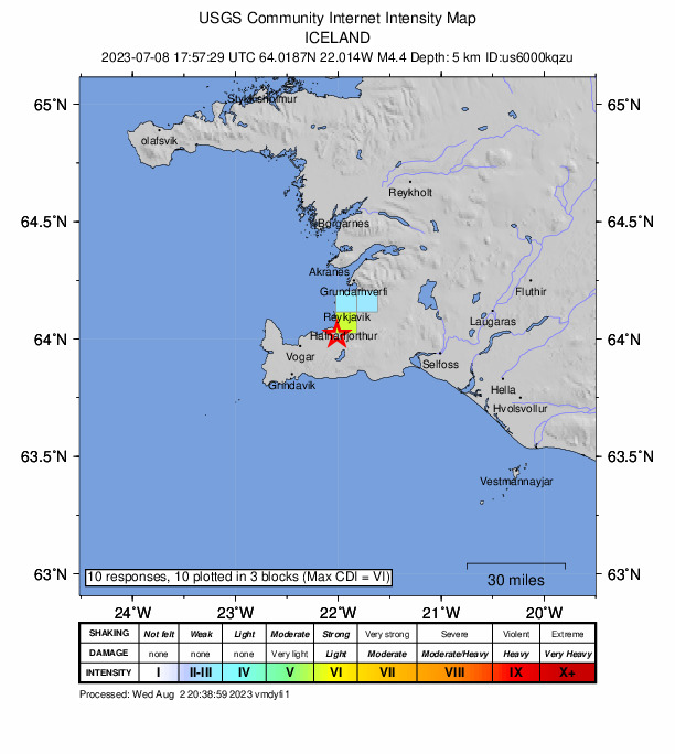 USGS DYFI community-reported intensity map for the M4.4 earthquake near 6 km SW of Hafnarfjörður, Iceland