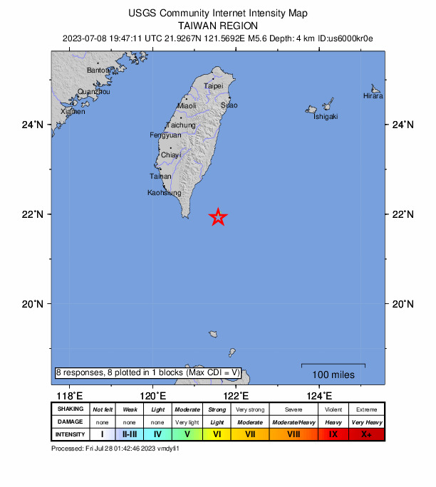 USGS DYFI community-reported intensity map for the M5.6 earthquake near 85 km E of Hengchun, Taiwan