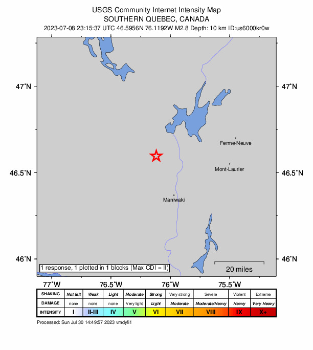 USGS DYFI community-reported intensity map for the M2.8 earthquake near 14 km NW of Saint-Boniface, Canada
