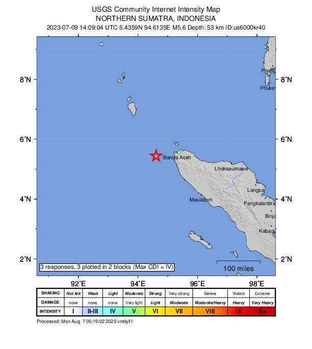 USGS DYFI community-reported intensity map for the M5.2 earthquake near 81 km W of Banda Aceh, Indonesia