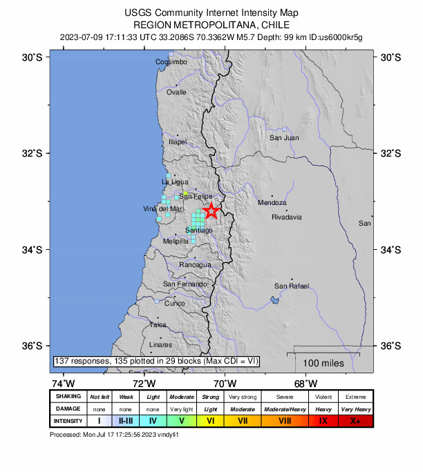 USGS DYFI community-reported intensity map for the M5.7 earthquake near 30 km ENE of Chicureo Abajo, Chile