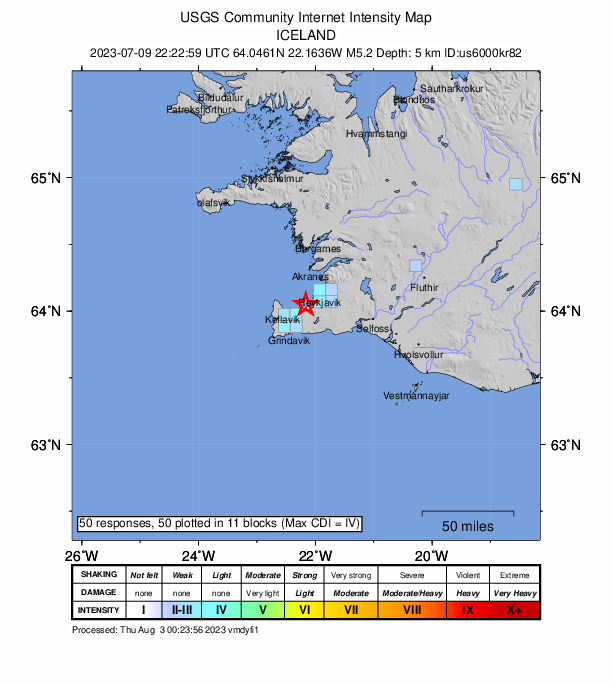 USGS DYFI community-reported intensity map for the M5.2 earthquake near 9 km SW of Álftanes, Iceland