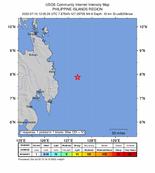 USGS DYFI community-reported intensity map for the M4.8 earthquake near 95 km ENE of Kinablangan, Philippines