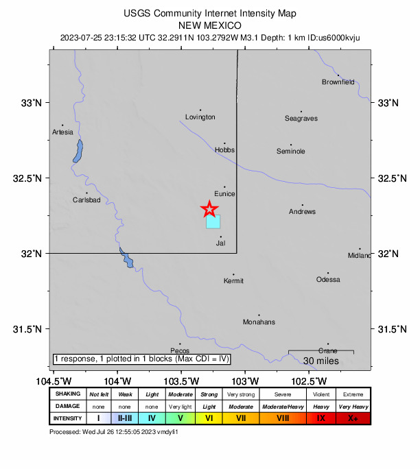 USGS DYFI community-reported intensity map for the M3.1 earthquake near 19 km SW of Eunice, New Mexico
