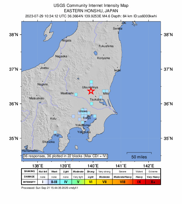 USGS DYFI community-reported intensity map for the M4.6 earthquake near 7 km SE of Shimotsuke, Japan