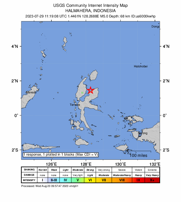 USGS DYFI community-reported intensity map for the M5.0 earthquake near 39 km SE of Tobelo, Indonesia