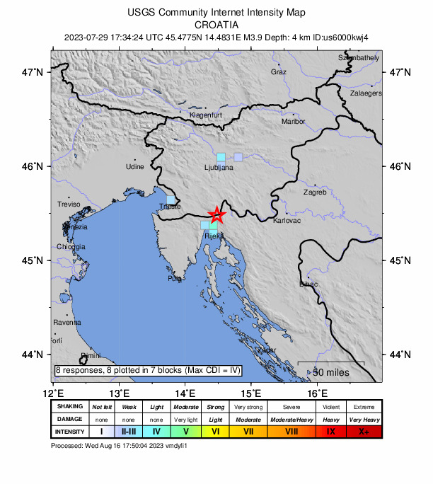 USGS DYFI community-reported intensity map for the M3.9 earthquake near 8 km ENE of Klana, Croatia