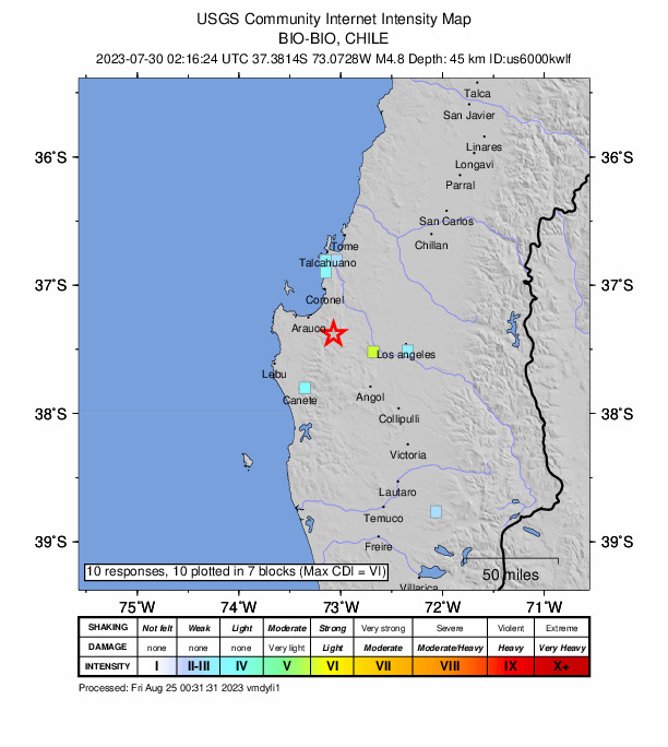 USGS DYFI community-reported intensity map for the M4.8 earthquake near 25 km ENE of Curanilahue, Chile