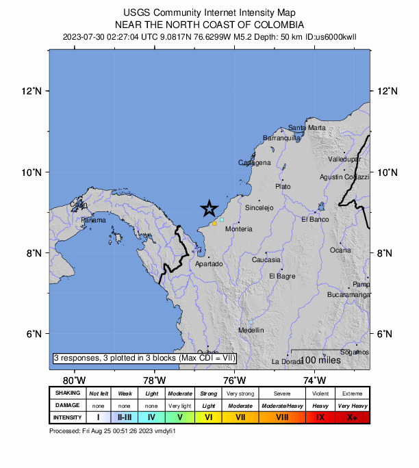 USGS DYFI community-reported intensity map for the M5.2 earthquake near near the north coast of Colombia