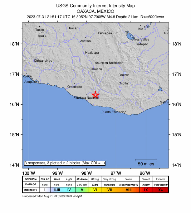 USGS DYFI community-reported intensity map for the M4.8 earthquake near 5 km ESE of Santiago Tetepec, Mexico