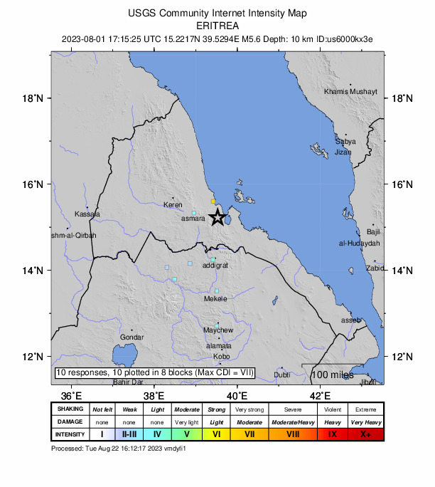 USGS DYFI community-reported intensity map for the M5.6 earthquake near Eritrea