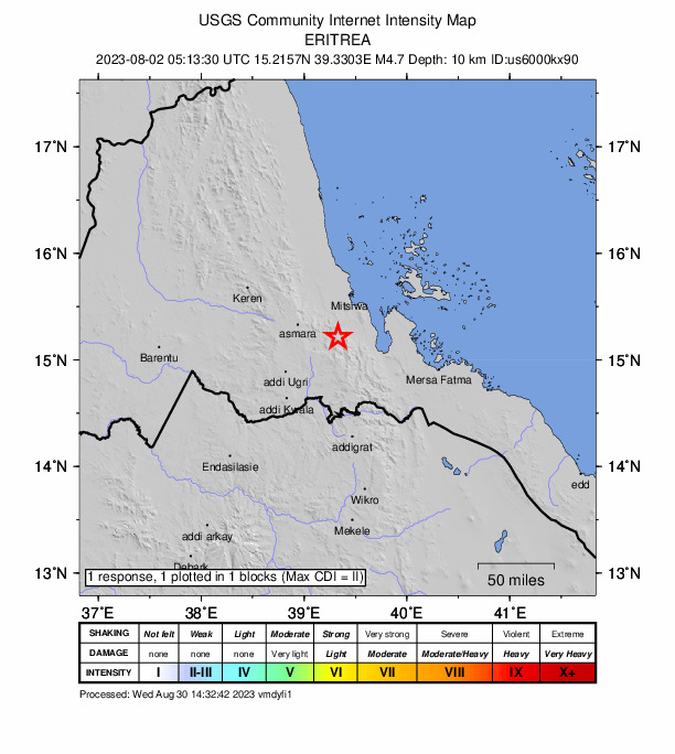 USGS DYFI community-reported intensity map for the M4.7 earthquake near 34 km ENE of Dek’emhāre, Eritrea