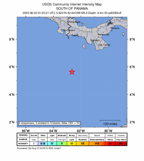 USGS DYFI community-reported intensity map for the M5.9 earthquake near 266 km S of Burica, Panama