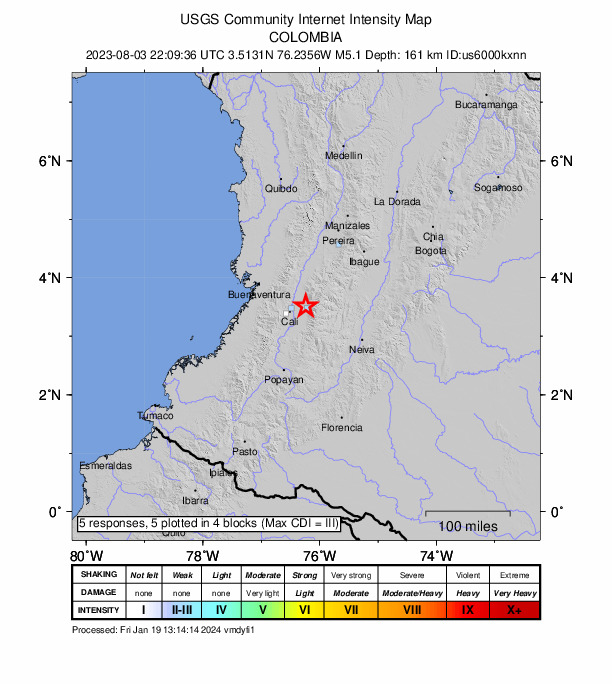 USGS DYFI community-reported intensity map for the M5.1 earthquake near Colombia