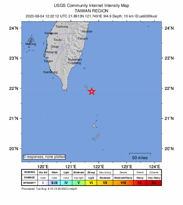 USGS DYFI community-reported intensity map for the M4.9 earthquake near 99 km E of Hengchun, Taiwan