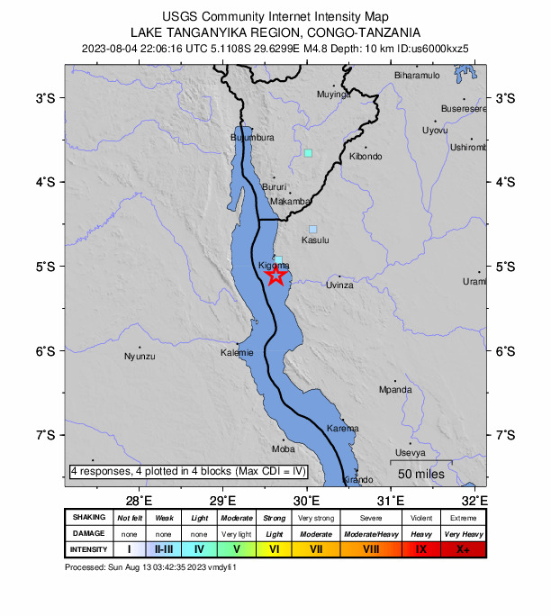 USGS DYFI community-reported intensity map for the M4.8 earthquake near 25 km S of Kigoma, Tanzania