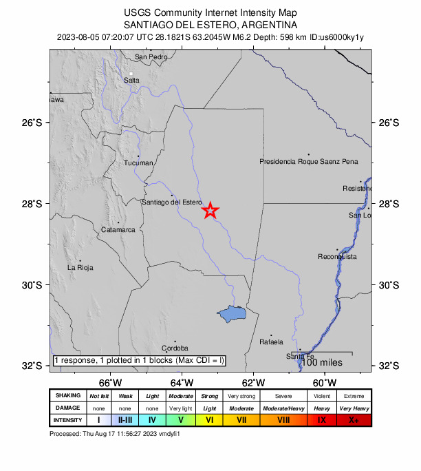 USGS DYFI community-reported intensity map for the M6.2 earthquake near Santiago del Estero, Argentina