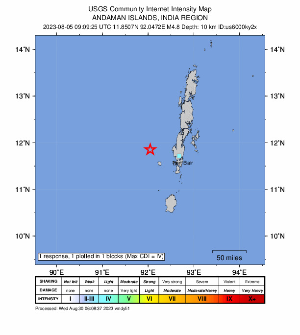 USGS DYFI community-reported intensity map for the M4.8 earthquake near 74 km WNW of Bamboo Flat, India
